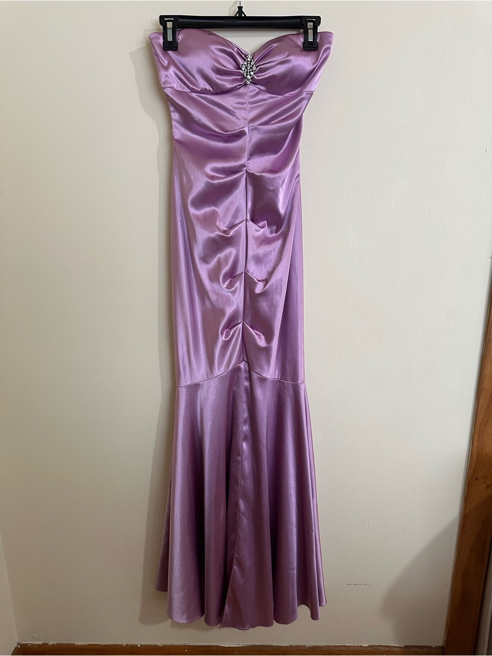 Xscape Strapless Lilac Satin Mermaid Dress with Jeweled Accent